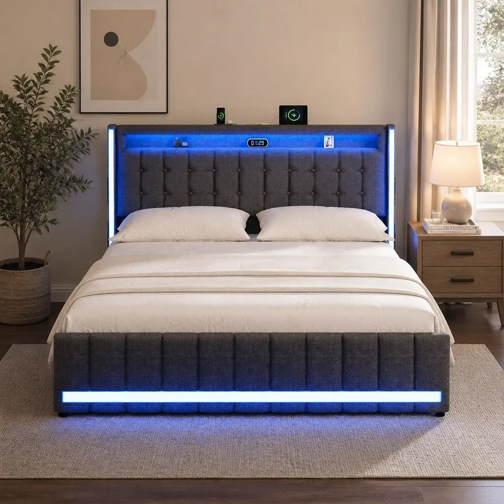 Double Bed Frame Solid Wood Metal Gray Upholstered with Storage Drawers LED Lighting USB Ports Power Outlets