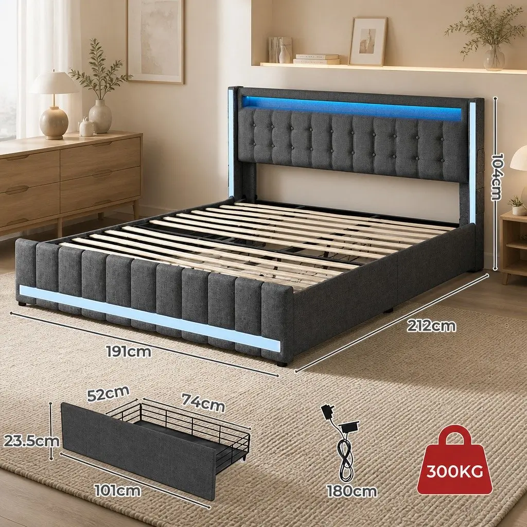 King Bed Frame Storage Drawers LED USB Charging Ports Headboard Linen Grey