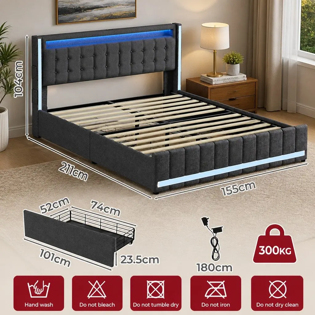 Queen Bed Frame with Storage Drawers LED Headboard USB Power Outlets Gray