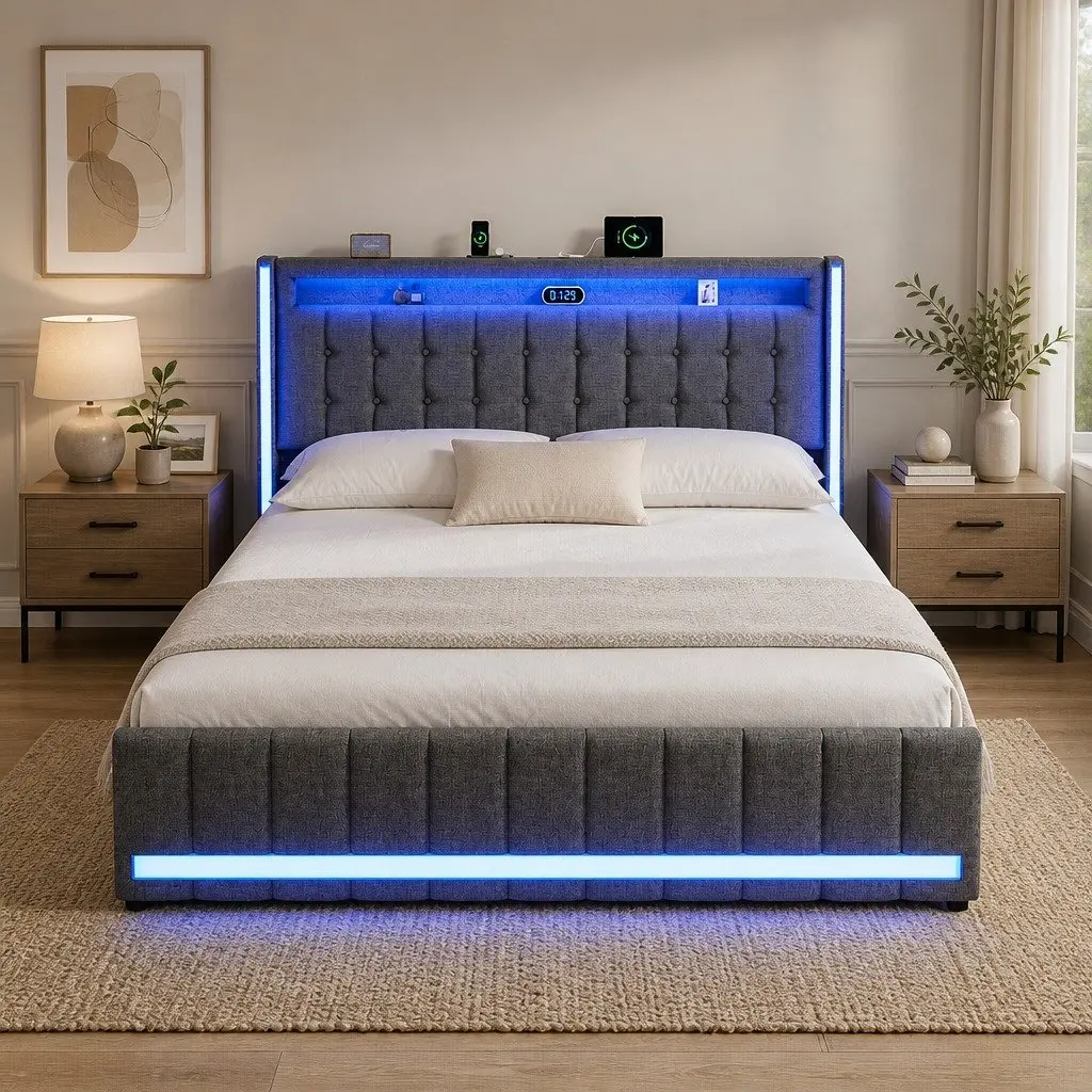 Queen Bed Frame with Storage Drawers LED Headboard USB Power Outlets Gray
