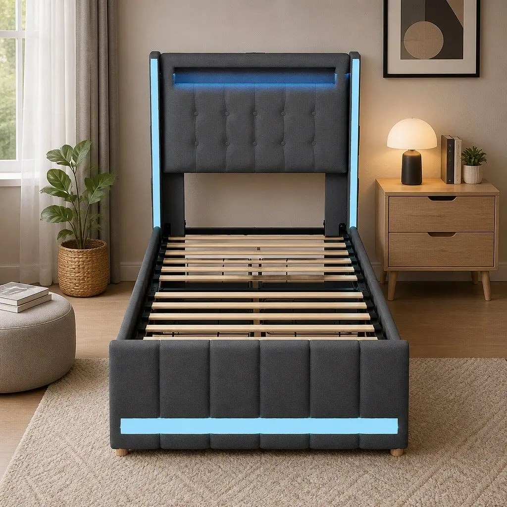 Single Bed Frame with Storage Drawers RGB LED USB Charging Headboard Linen