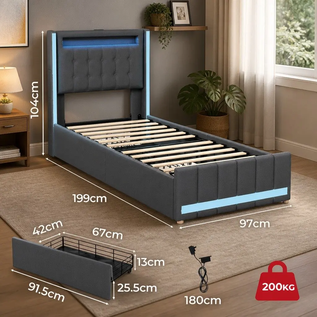 Single Bed Frame with Storage Drawers RGB LED USB Charging Headboard Linen