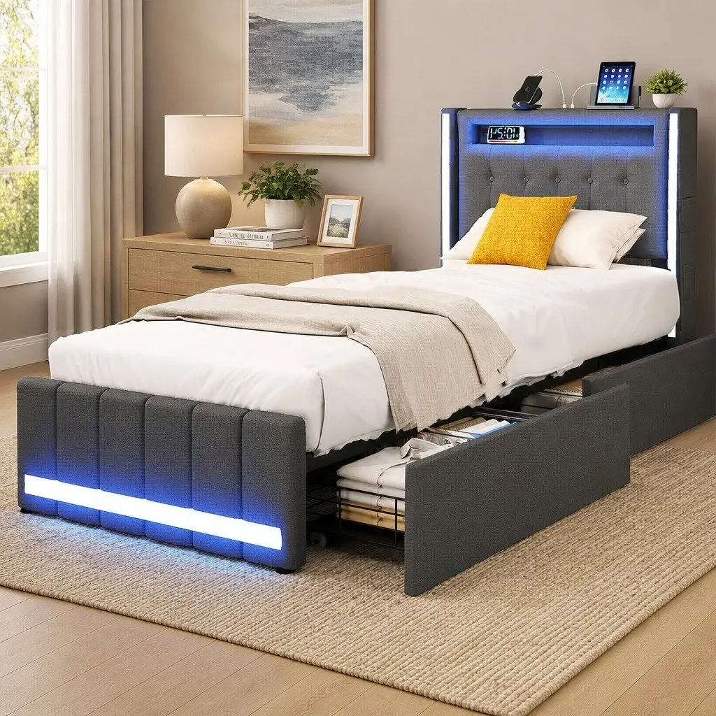 Single Bed Frame with Storage Drawers RGB LED USB Charging Headboard Linen