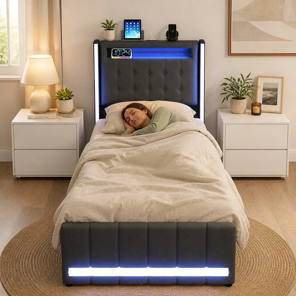 Single Bed Frame with Storage Drawers RGB LED USB Charging Headboard Linen