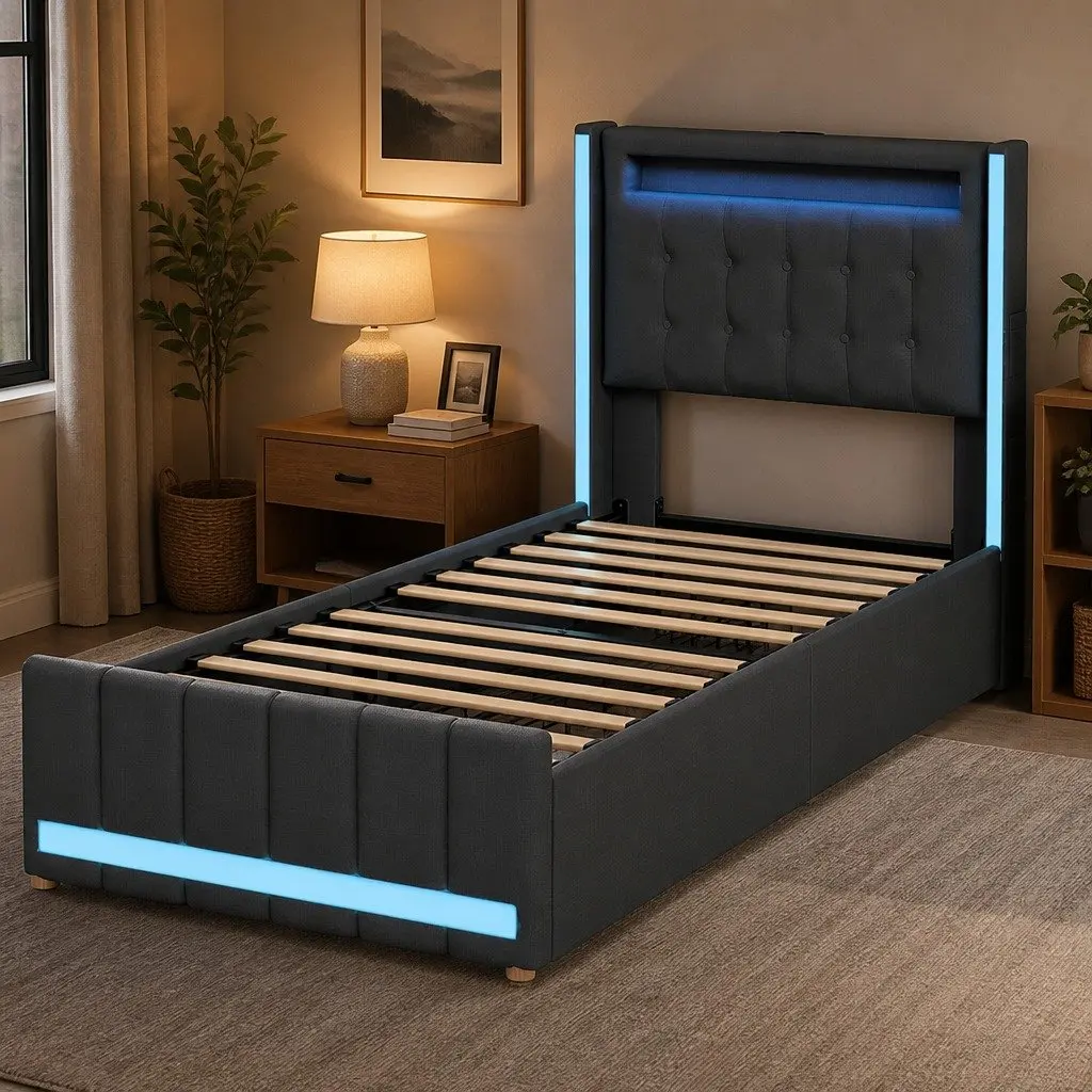 Single Bed Frame with Storage Drawers RGB LED USB Charging Headboard Linen