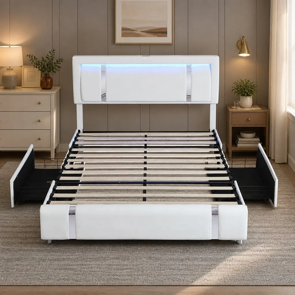 Double Bed Frame PU Leather Upholstered Adjustable Headboard White with USB Charging LED Light and Storage Drawers