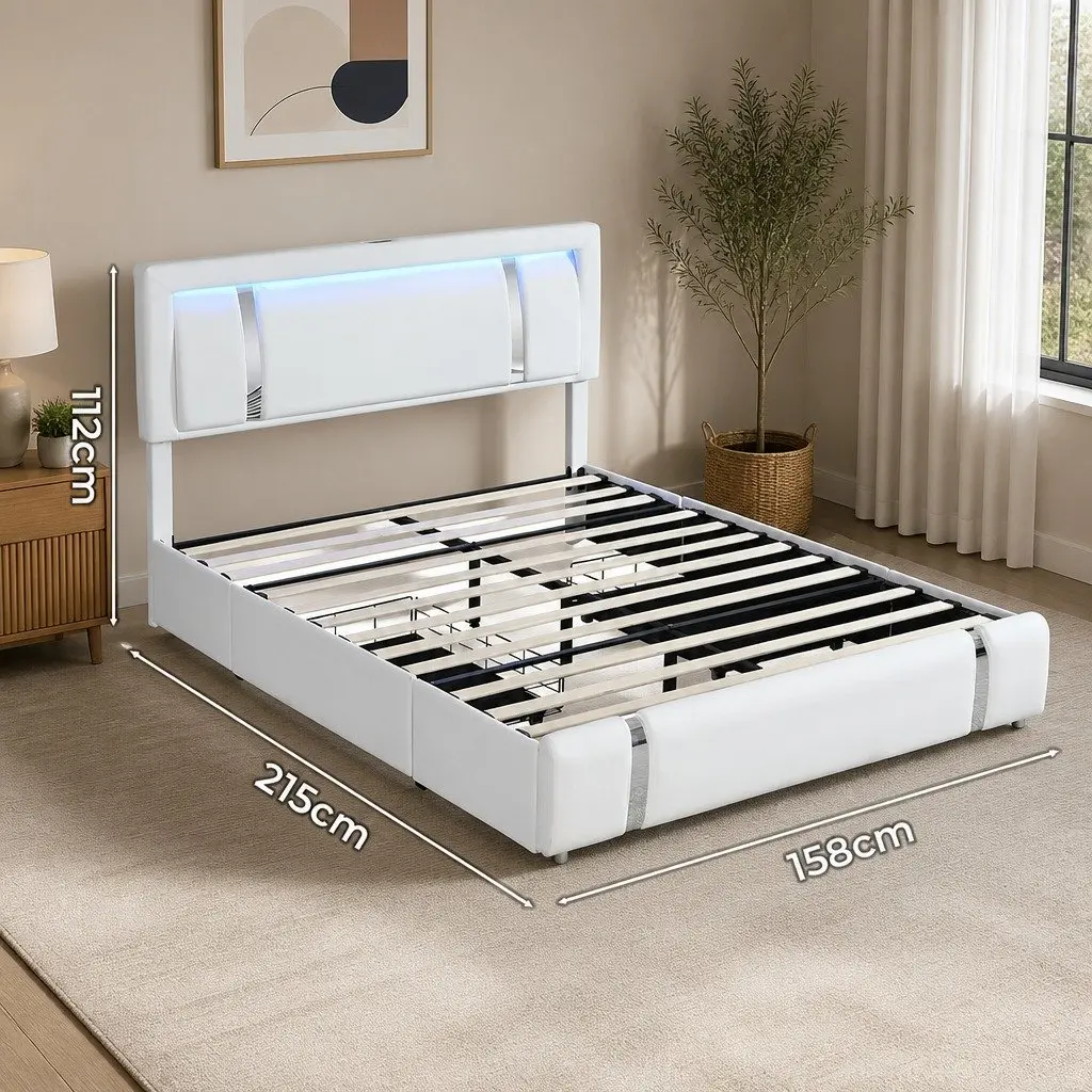 Double Bed Frame PU Leather Upholstered Adjustable Headboard White with USB Charging LED Light and Storage Drawers