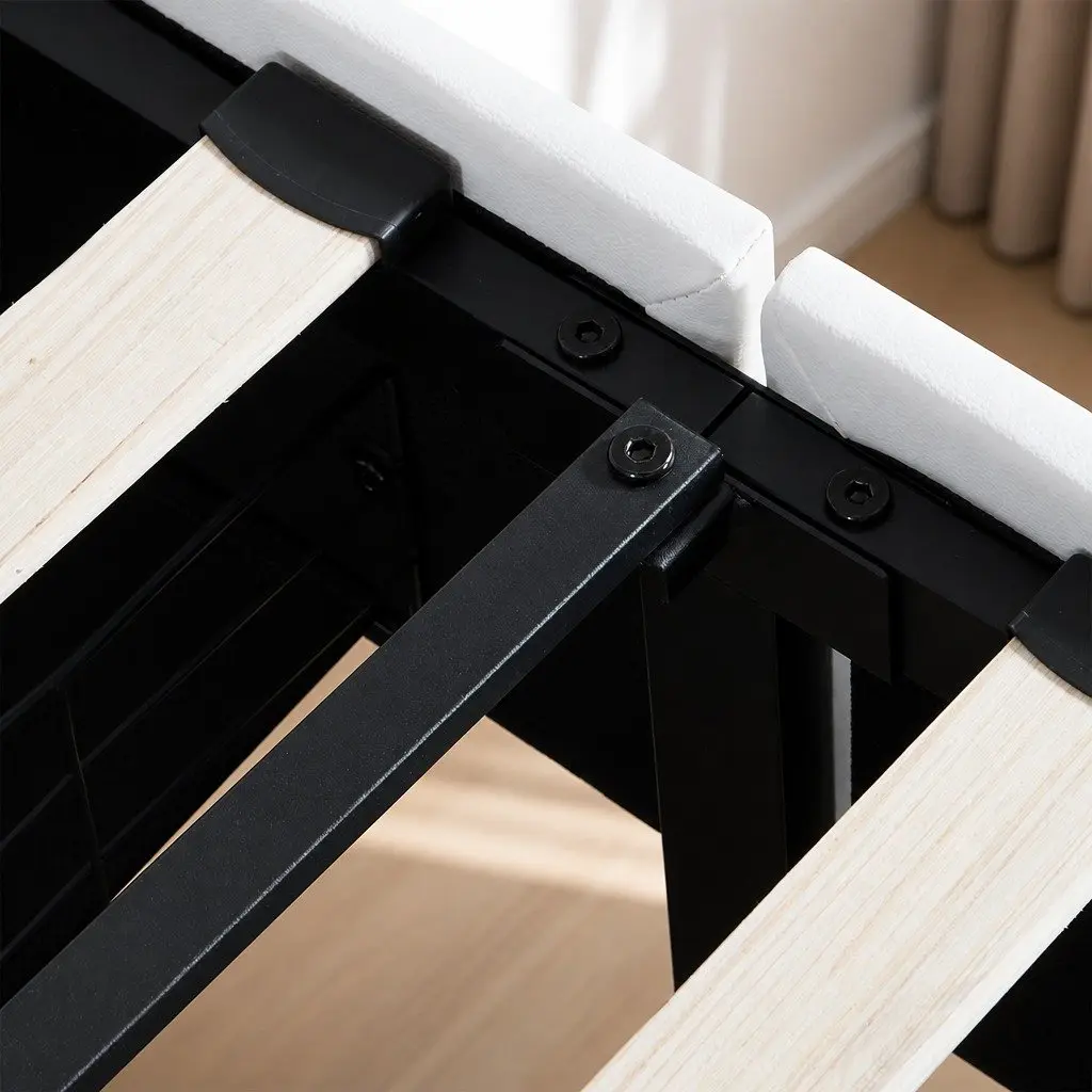 Double Bed Frame PU Leather Upholstered Adjustable Headboard White with USB Charging LED Light and Storage Drawers