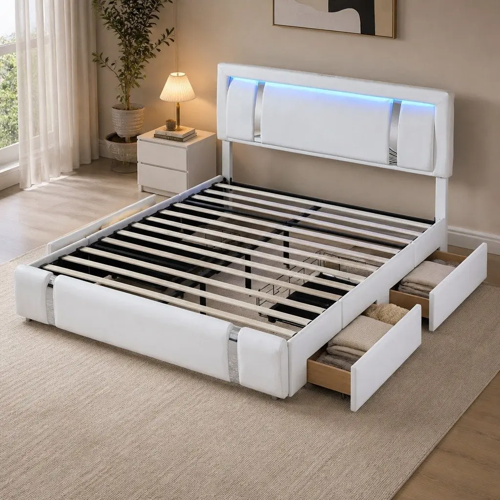 King Bed Frame Steel PU Leather Adjustable Headboard RGB LED Lights USB Charging White 213cm x 186cm x 112cm