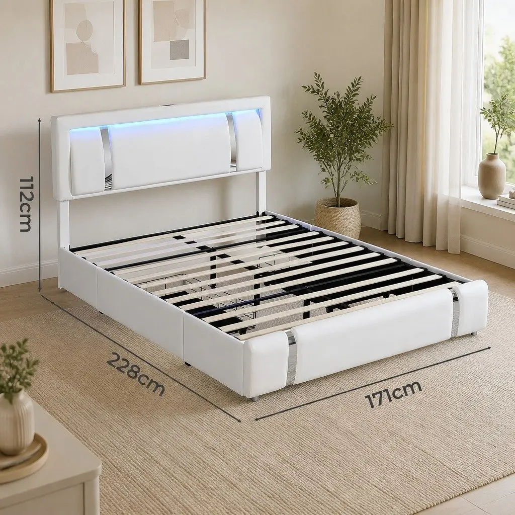 Queen Bed Frame PU Leather Adjustable Headboard White with USB Charging LED Light and Storage Drawers
