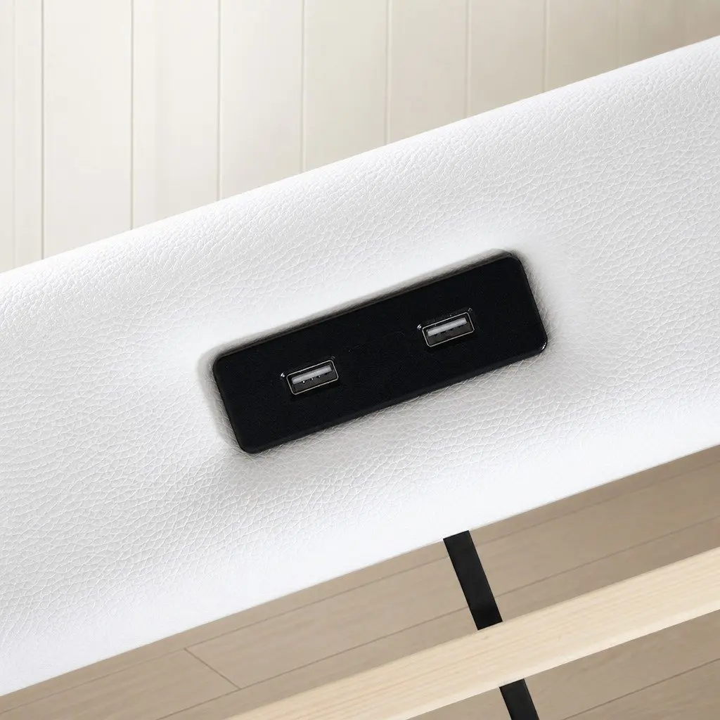 Queen Bed Frame PU Leather Adjustable Headboard White with USB Charging LED Light and Storage Drawers