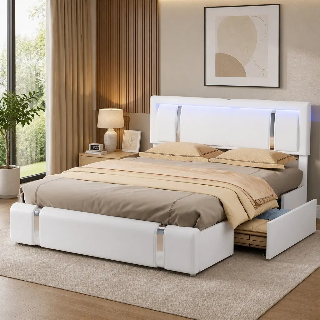 Queen Bed Frame PU Leather Adjustable Headboard White with USB Charging LED Light and Storage Drawers