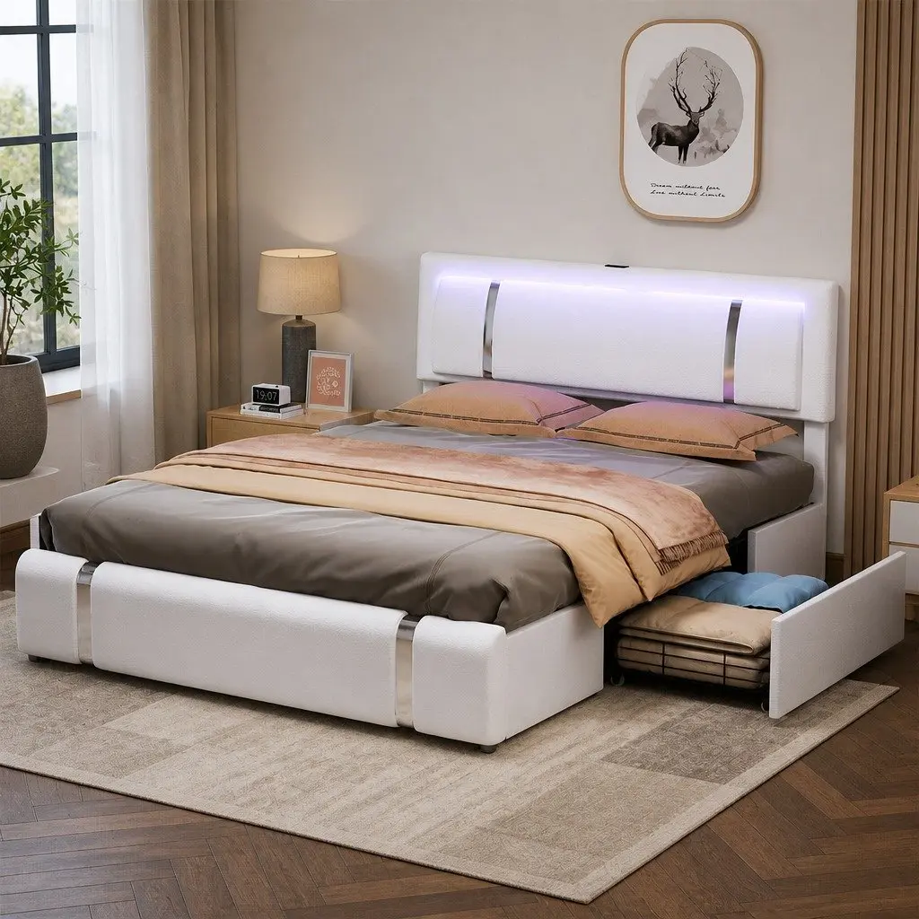 Queen Bed Frame PU Leather Adjustable Headboard White with USB Charging LED Light and Storage Drawers
