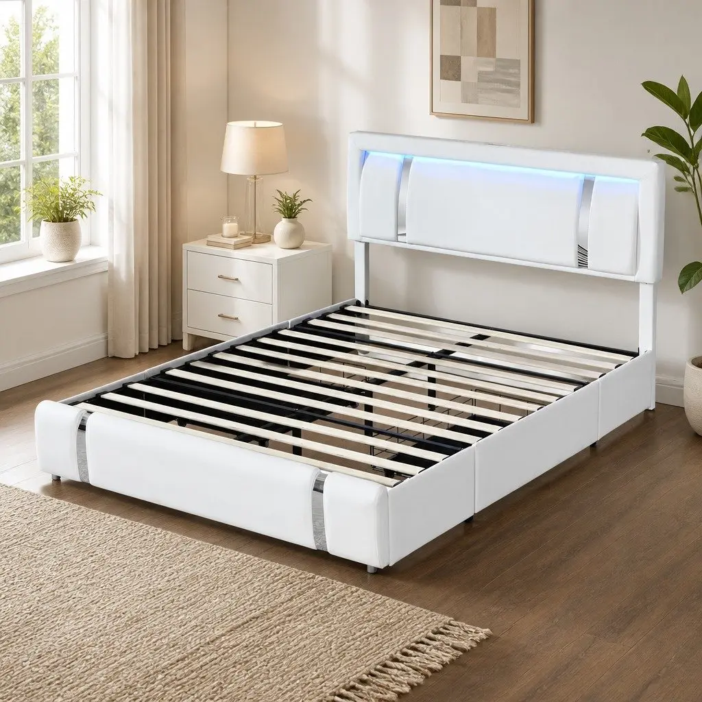 Queen Bed Frame PU Leather Adjustable Headboard White with USB Charging LED Light and Storage Drawers