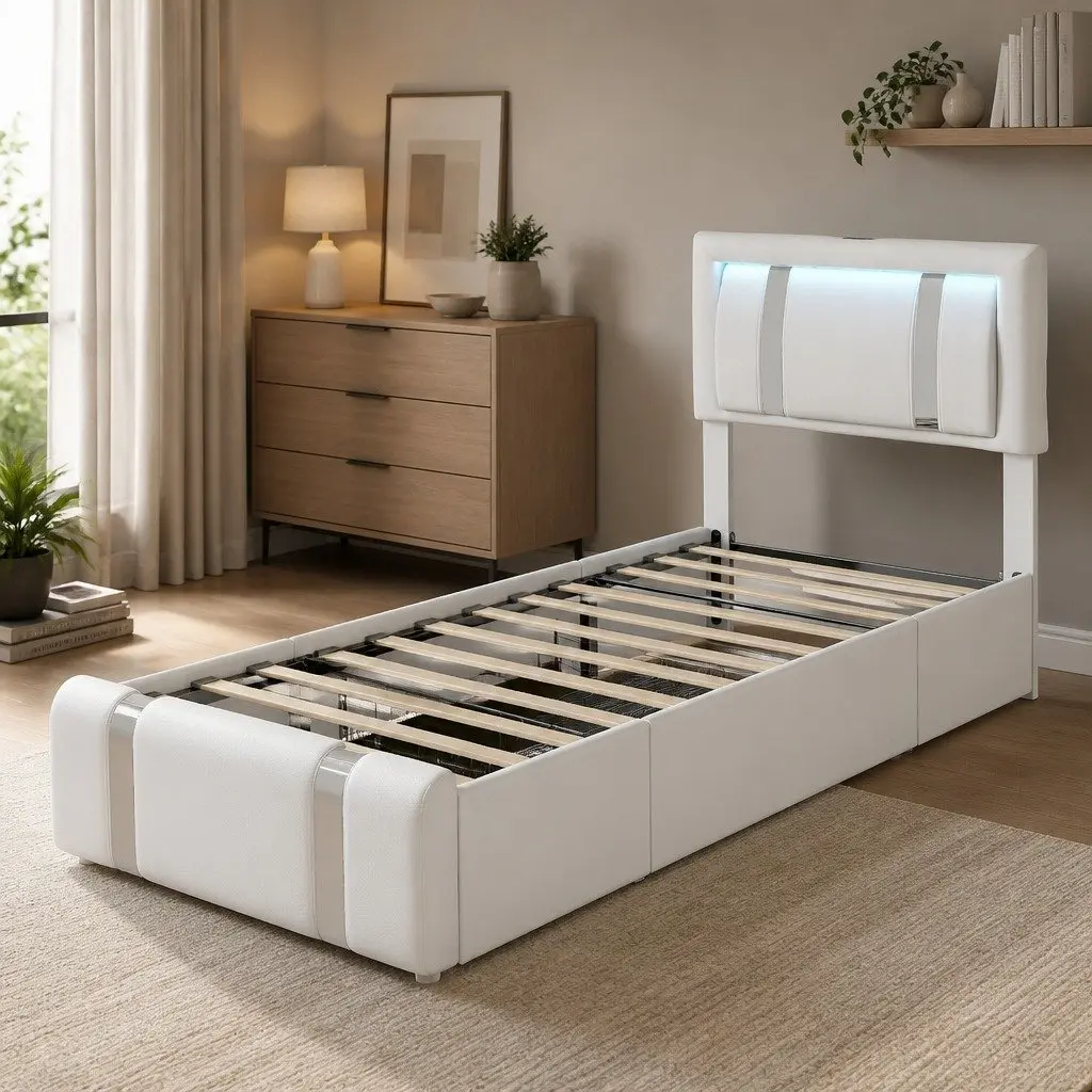 Single Bed Frame PU Leather Headboard RGB LED Lights USB Charging 2 Drawers Adjustable Height White 201cm x 95cm x 112cm