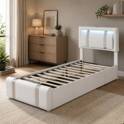 Single Bed Frame with PU Leather Headboard RGB LED Lights USB Charging 2 Drawers