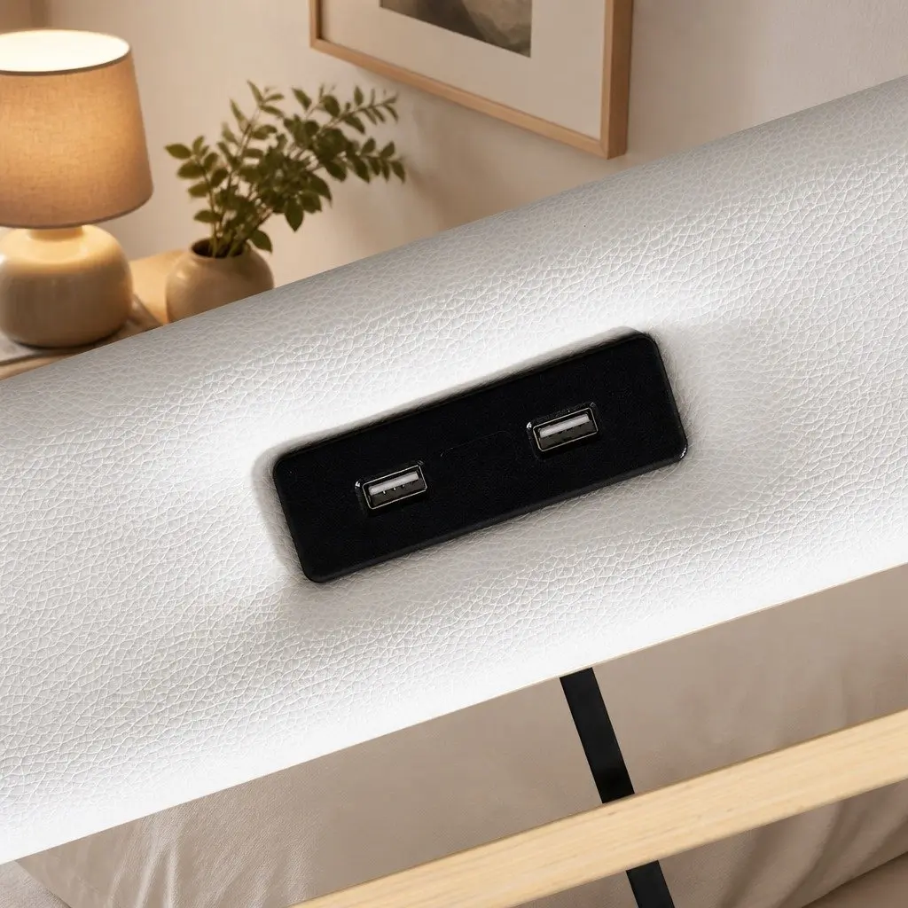 Single Bed Frame PU Leather Headboard RGB LED Lights USB Charging 2 Drawers Adjustable Height White 201cm x 95cm x 112cm