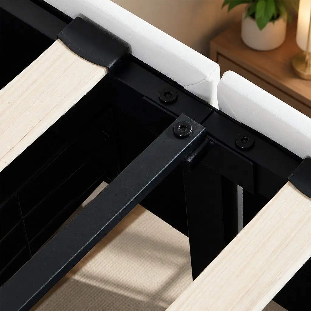 Single Bed Frame PU Leather Headboard RGB LED Lights USB Charging 2 Drawers Adjustable Height White 201cm x 95cm x 112cm
