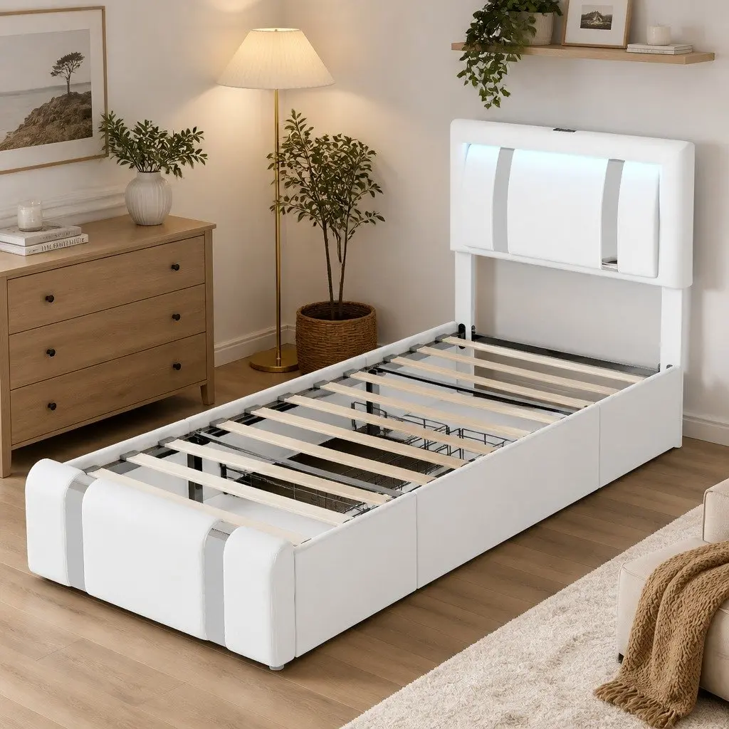 Single Bed Frame PU Leather Headboard RGB LED Lights USB Charging 2 Drawers Adjustable Height White 201cm x 95cm x 112cm