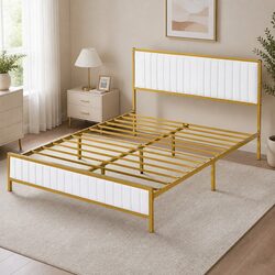Queen Bed Frame Metal Legs Under Bed Storage Padded Headboard Beige