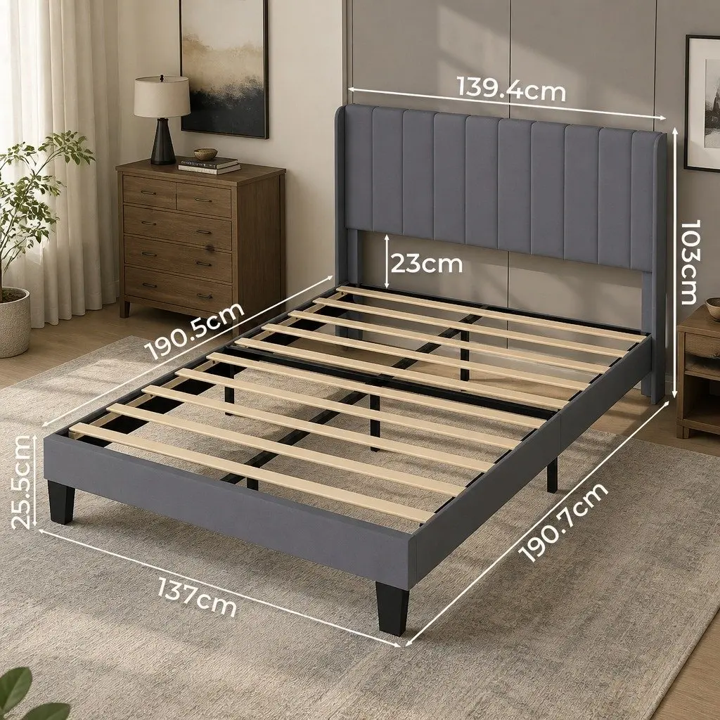 Double Bed Frame Upholstered Headboard Grey Metal Wooden Slats Platform Bedroom