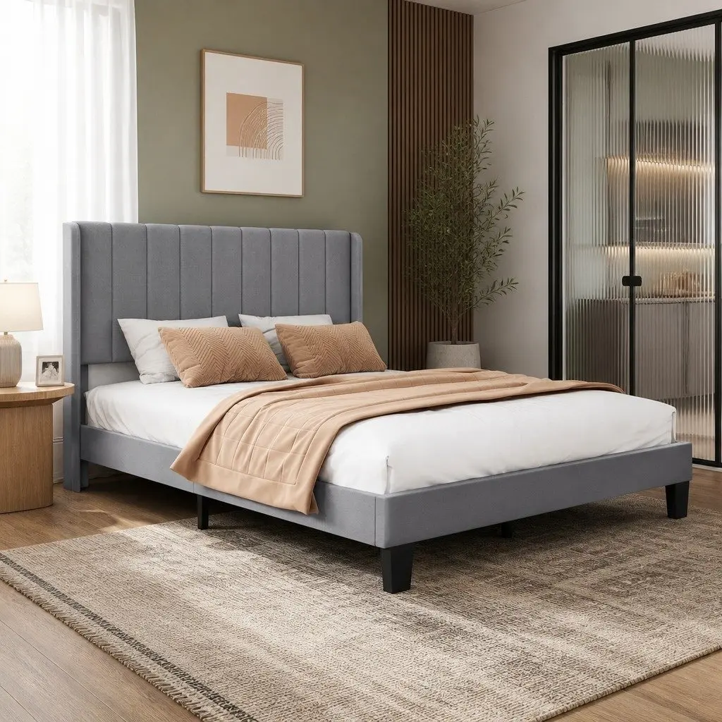 Double Bed Frame Upholstered Headboard Grey Metal Wooden Slats Platform Bedroom