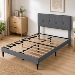 Upholstered Platform Bed Frame Queen Size Storage Wooden Slat Base Modern Grey