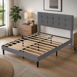 Upholstered Platform Bed Frame Double Grey Fabric Storage Wooden Slat Base