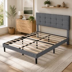Upholstered Platform Bed Frame Queen Size Storage Base Wooden Slats Grey