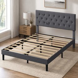 Upholstered Platform Bed Frame Double Mattress Base Wooden Slat Storage