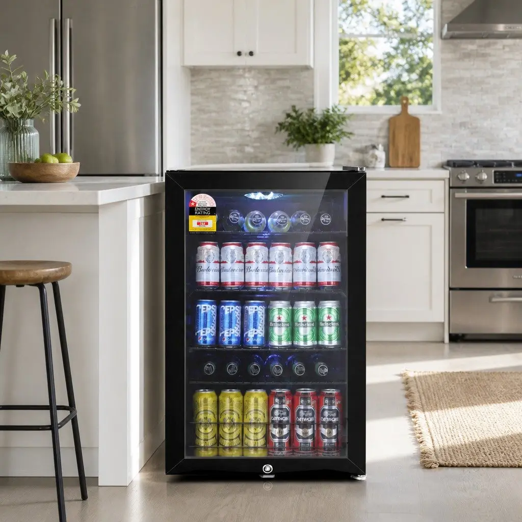 Beverage Cooler Black Portable 115L Glass Door with LED Light