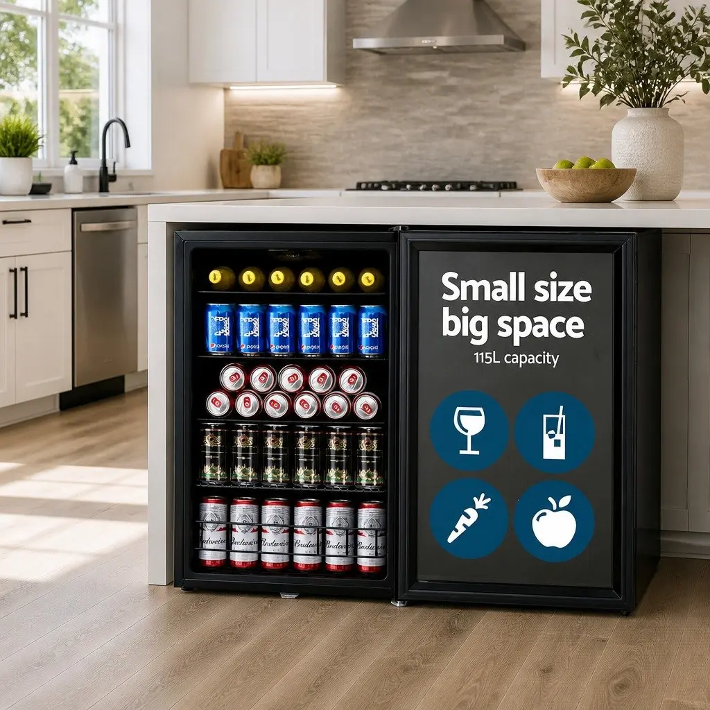 Beverage Cooler Black Portable 115L Glass Door with LED Light