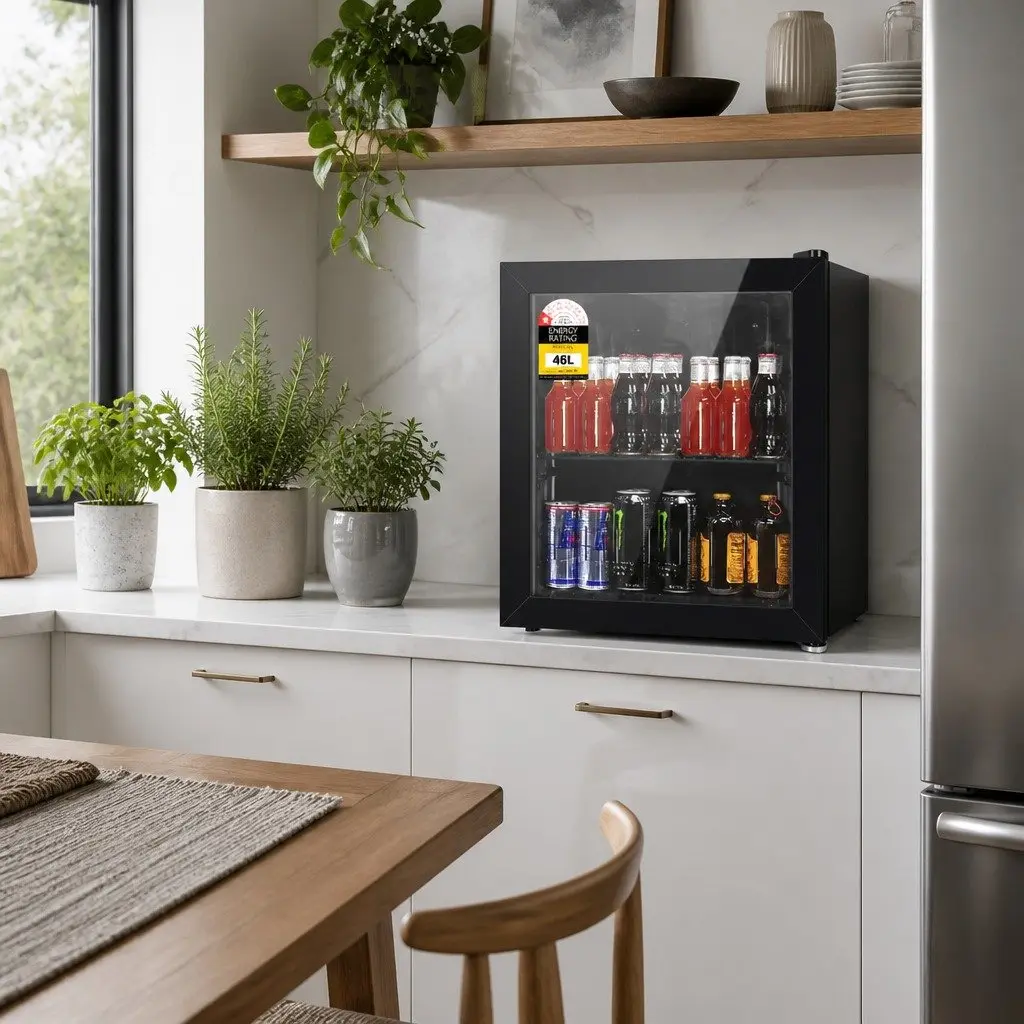 Bar Fridge Compact 46L Black Glass Door Beverage Cooler Mini Portable Chiller