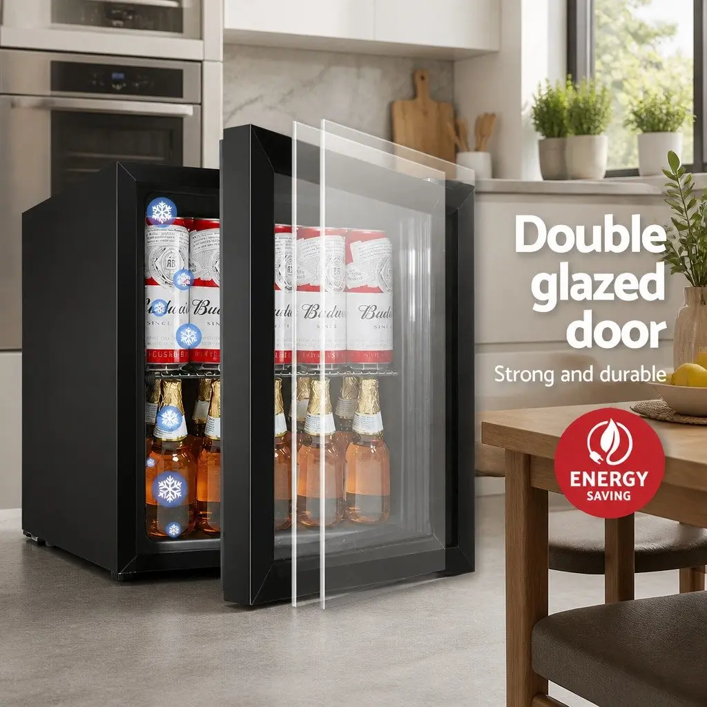 Bar Fridge Compact 46L Black Glass Door Beverage Cooler Mini Portable Chiller