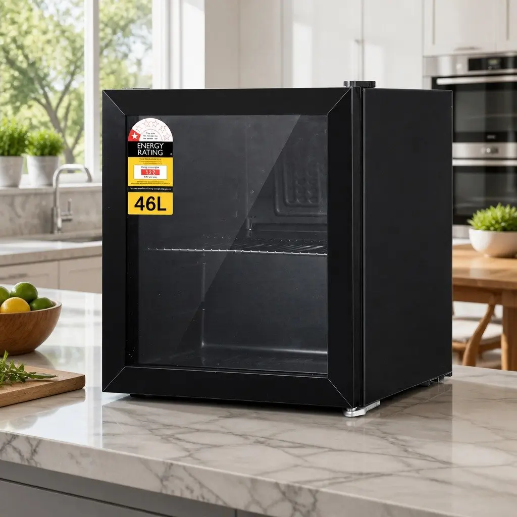 Bar Fridge Compact 46L Black Glass Door Beverage Cooler Mini Portable Chiller