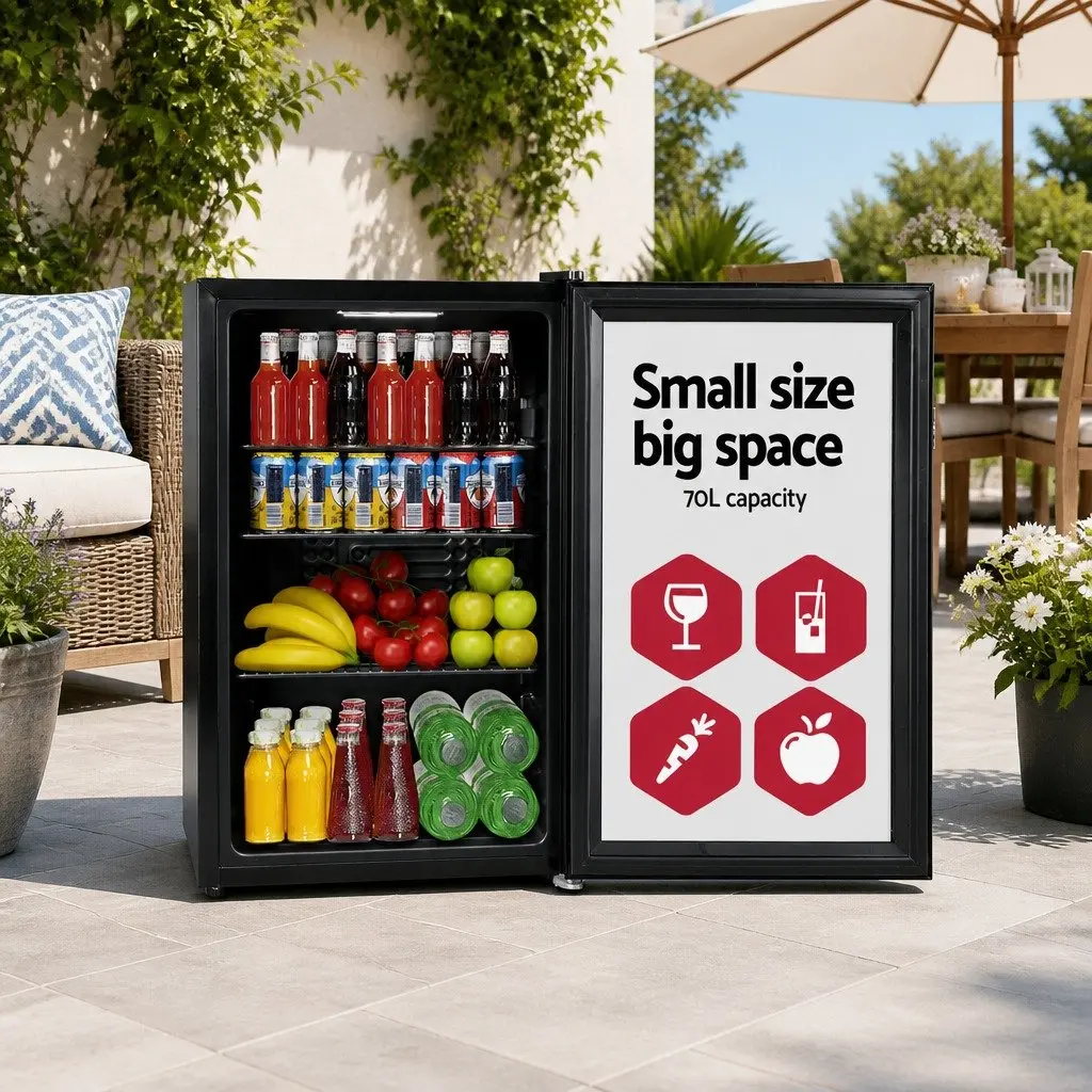 Bar Fridge 70L Glass Door Compact Beverage Cooler Black