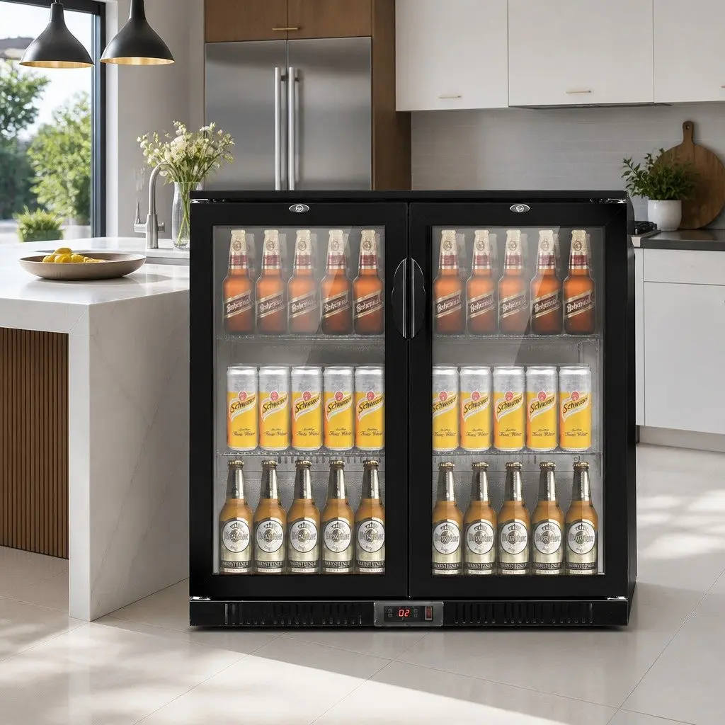 Bar Fridge 198L Dual Glass Door LED Display Black Commercial Beverage Cooler