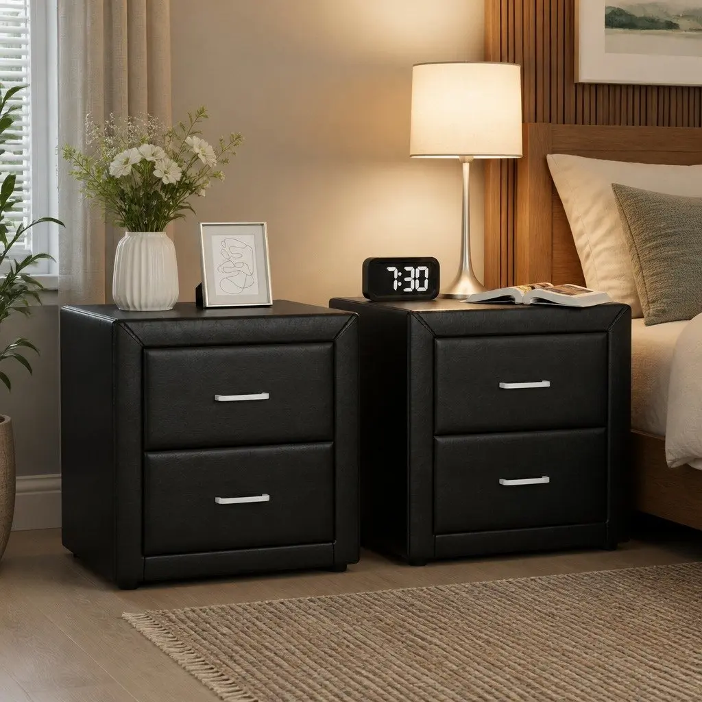 Black Bedside Table with Dual Drawers for Easy Storage