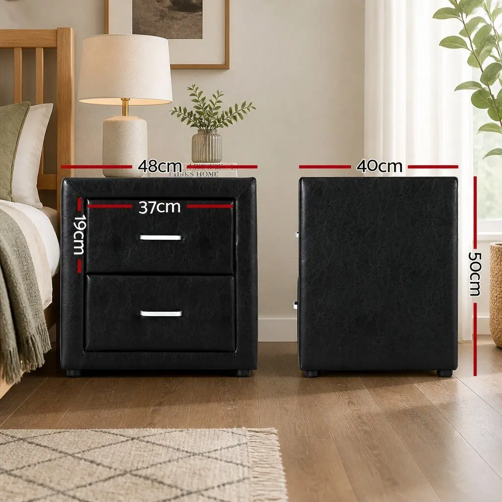Black PVC Leather Bedside Table Modern 2 Drawer Storage Furniture 48.5cm x 40cm x 50cm