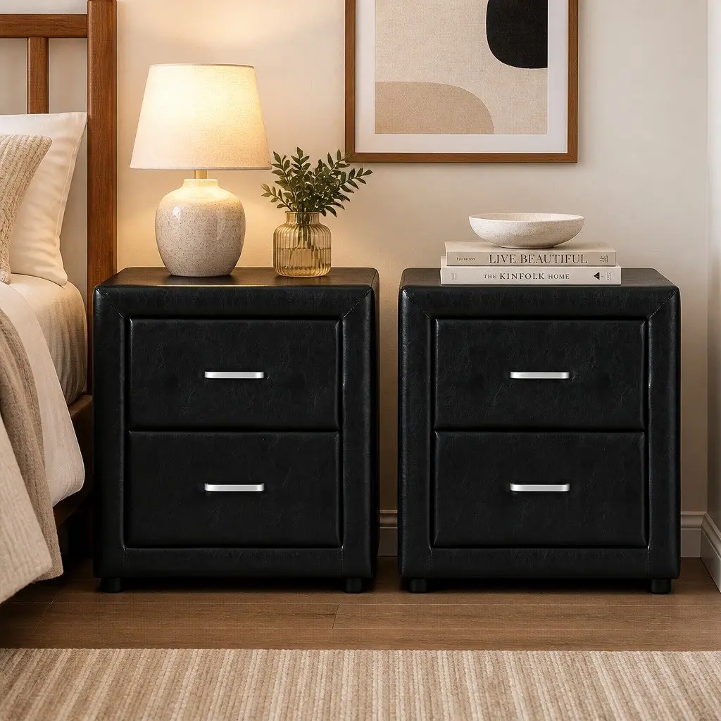 Black PVC Leather Bedside Table Modern 2 Drawer Storage Furniture 48.5cm x 40cm x 50cm