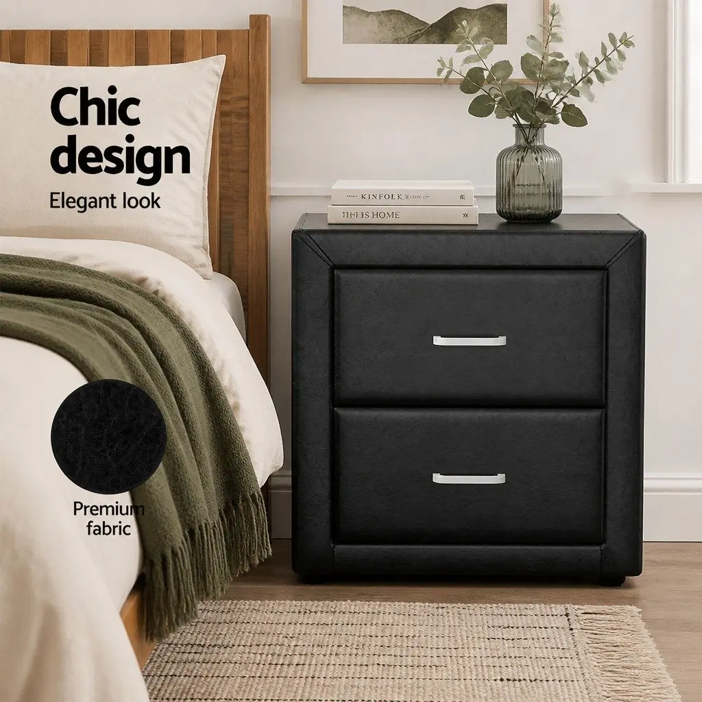Black PVC Leather Bedside Table Modern 2 Drawer Storage Furniture 48.5cm x 40cm x 50cm