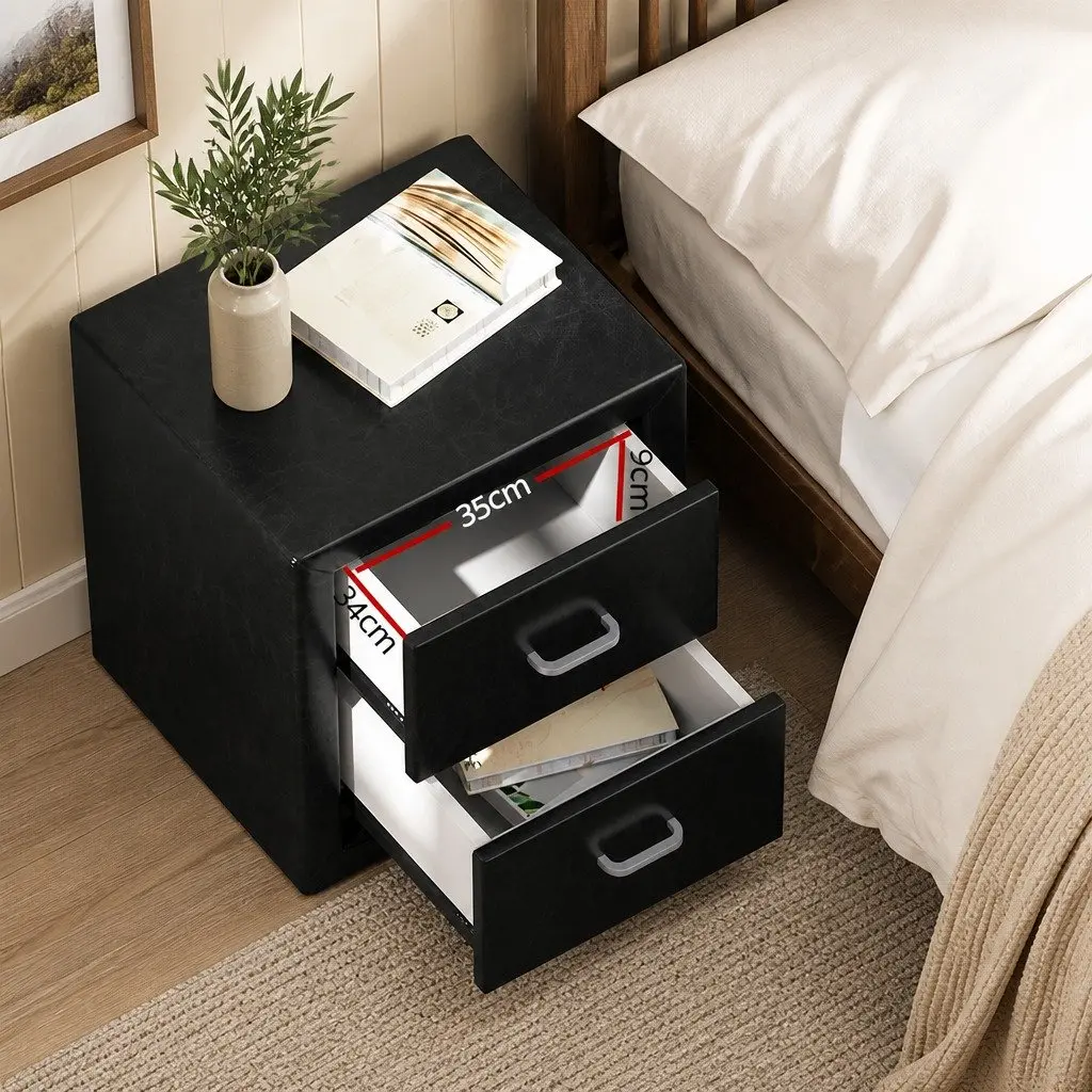 Black PVC Leather Bedside Table Modern 2 Drawer Storage Furniture 48.5cm x 40cm x 50cm