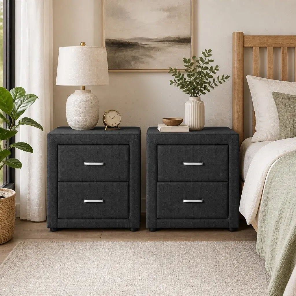Bedside Table Faux Linen 46cm x 40cm x 50cm Charcoal Modern Bedroom Side Table Storage