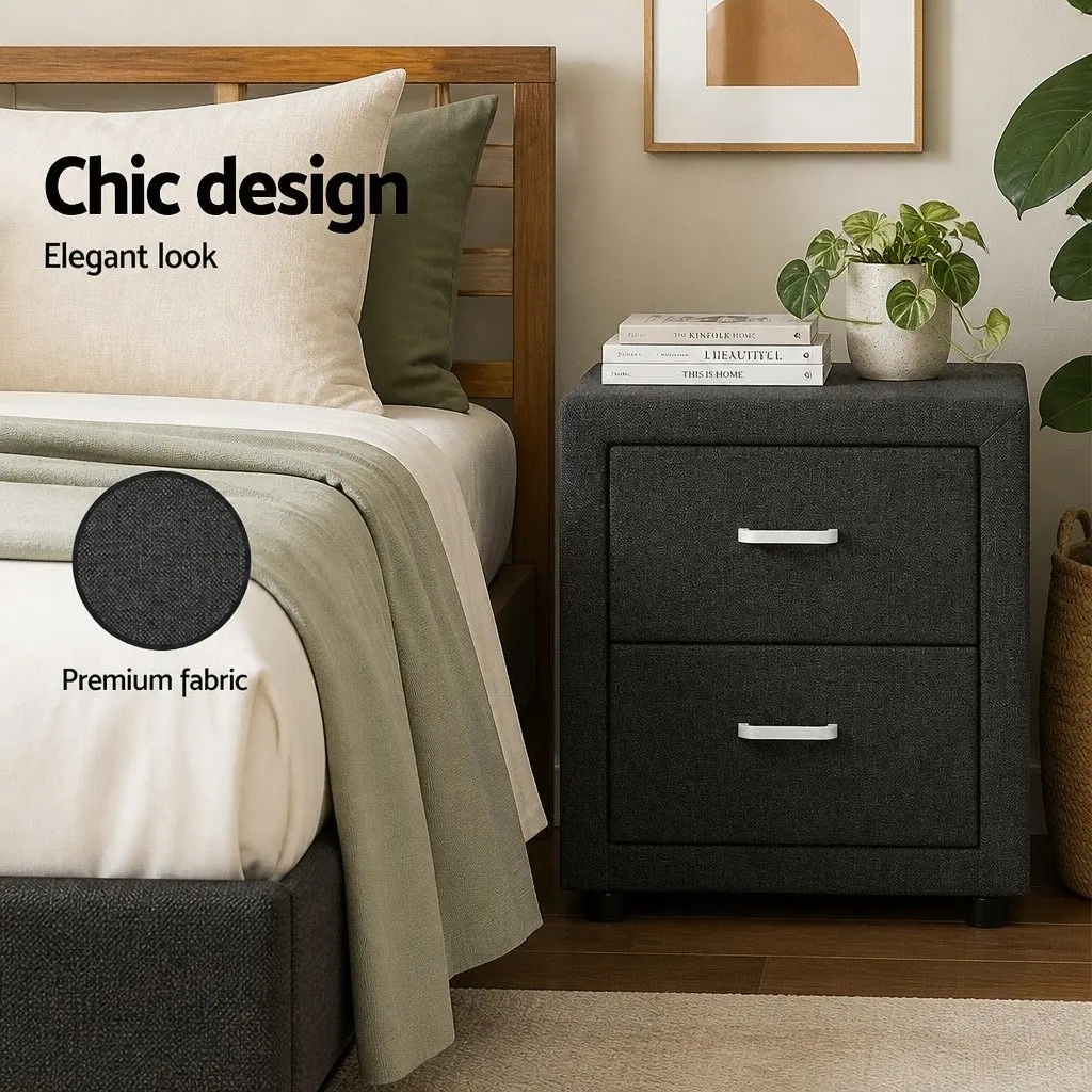 Bedside Table Faux Linen 46cm x 40cm x 50cm Charcoal Modern Bedroom Side Table Storage