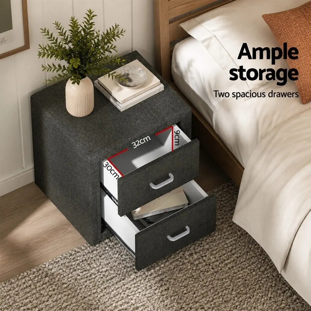 Bedside Table Faux Linen 46cm x 40cm x 50cm Charcoal Modern Bedroom Side Table Storage