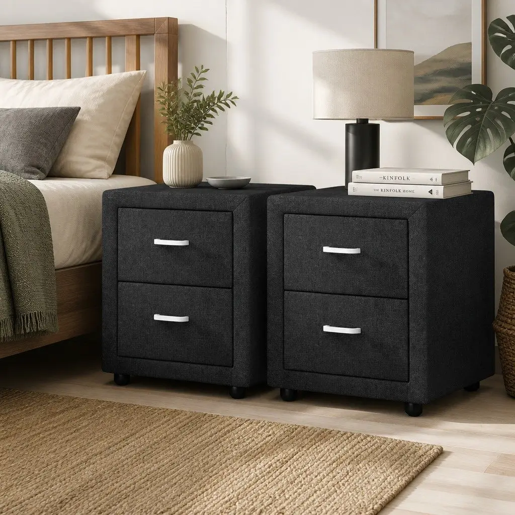 Bedside Table Faux Linen 46cm x 40cm x 50cm Charcoal Modern Bedroom Side Table Storage
