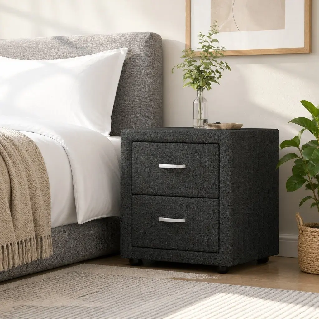 Bedside Table MDF Frame Faux Linen Charcoal 2 Drawers Modern Bedroom