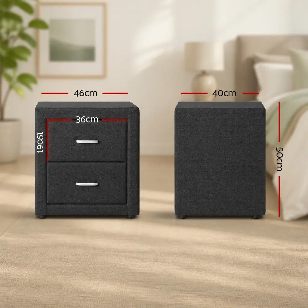 Bedside Table MDF Frame Faux Linen Charcoal 2 Drawers Modern Bedroom