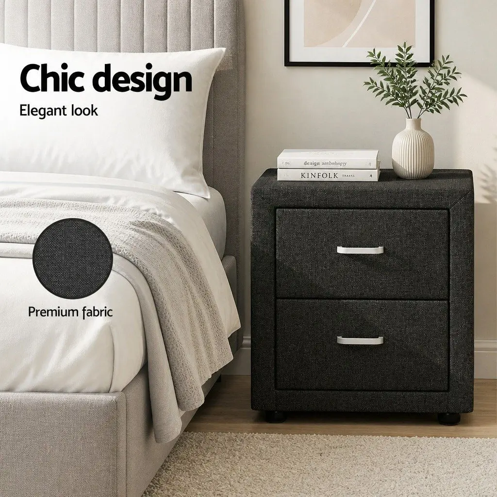 Bedside Table MDF Frame Faux Linen Charcoal 2 Drawers Modern Bedroom