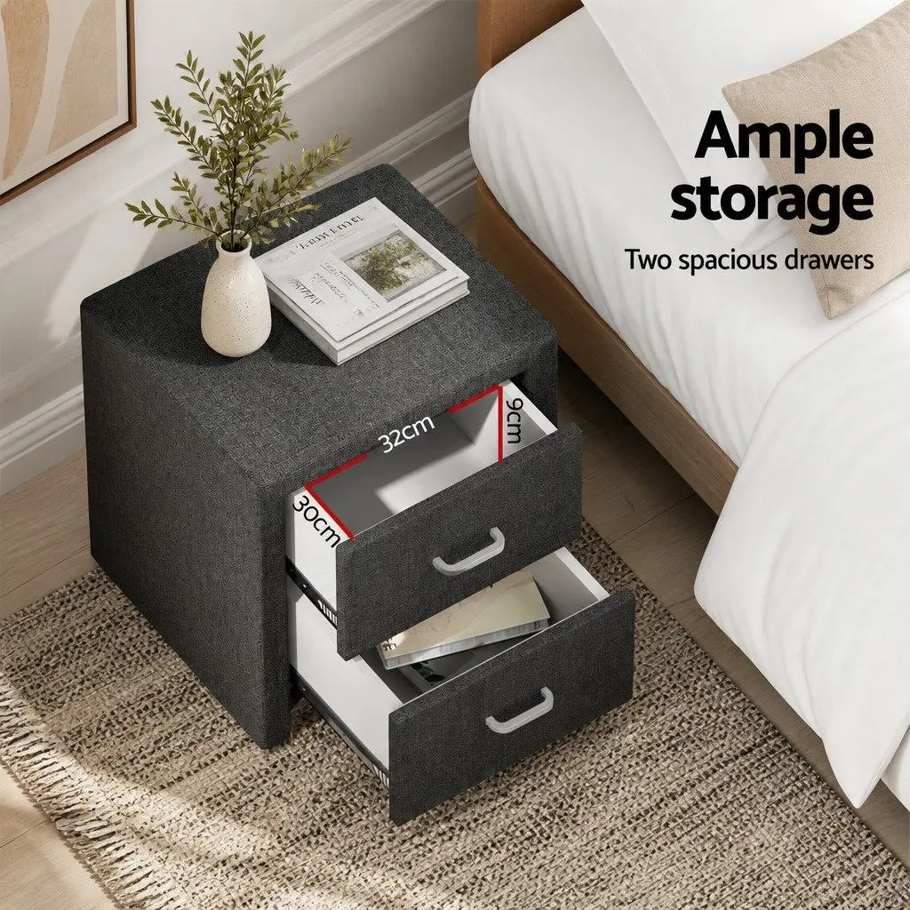Bedside Table MDF Frame Faux Linen Charcoal 2 Drawers Modern Bedroom